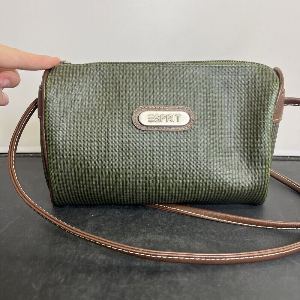 Vintage Esprit Crossbody Bag Plaid Green Brown Logo Purse Small FS Bnfts Charity - Picture 5 of 14